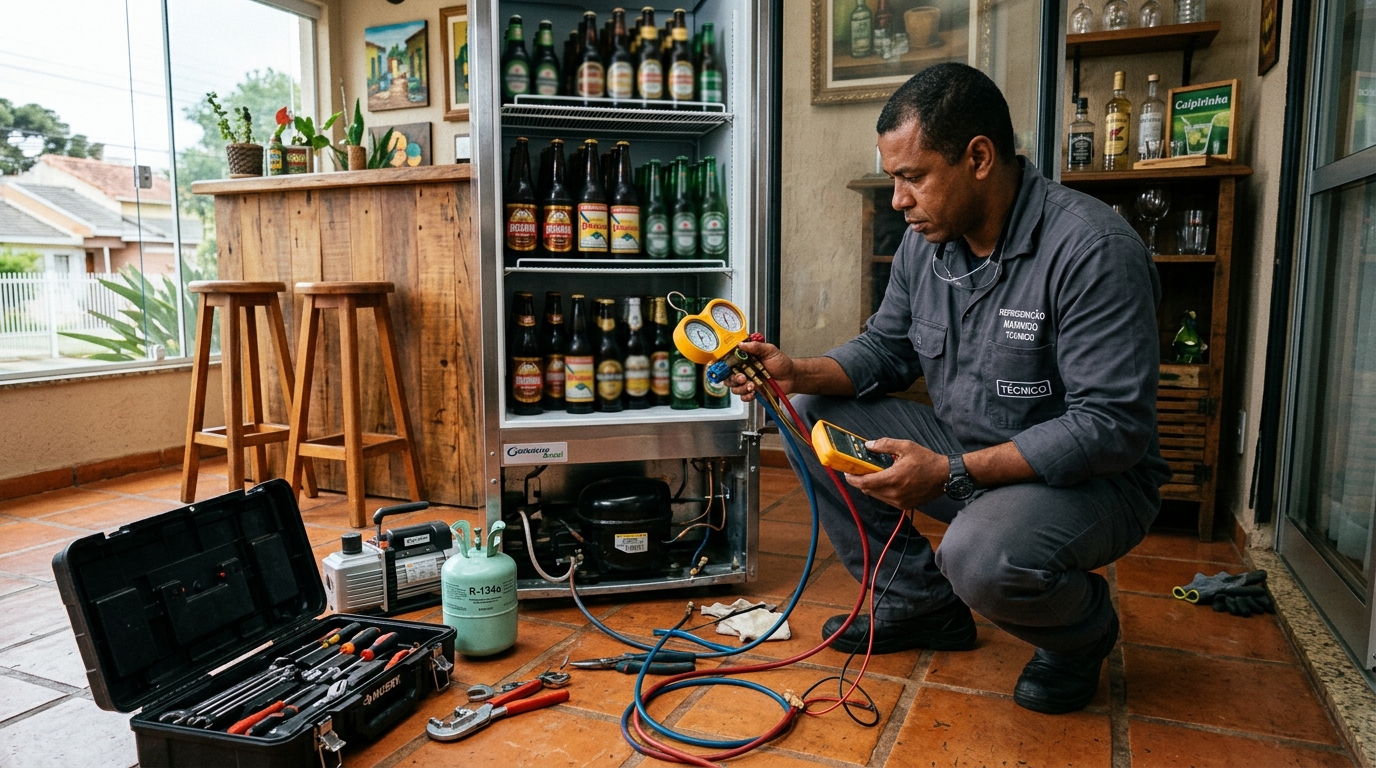 Técnico revisando o motor de uma cervejeira durante chamado em Santo André‑SP