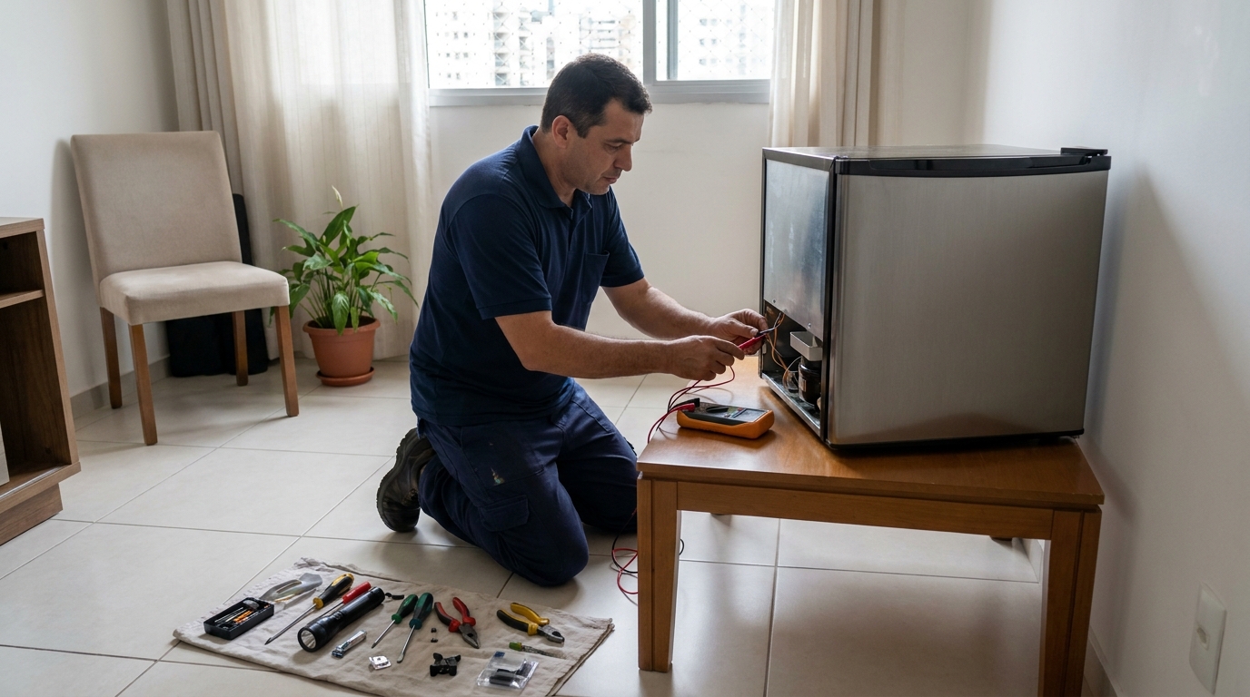 Técnico revisando o motor de um frigobar em Santo André‑SP